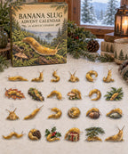 Banana Slug advent calendar with 24 custom-shaped flat acrylic charms and printed dimensional artwork