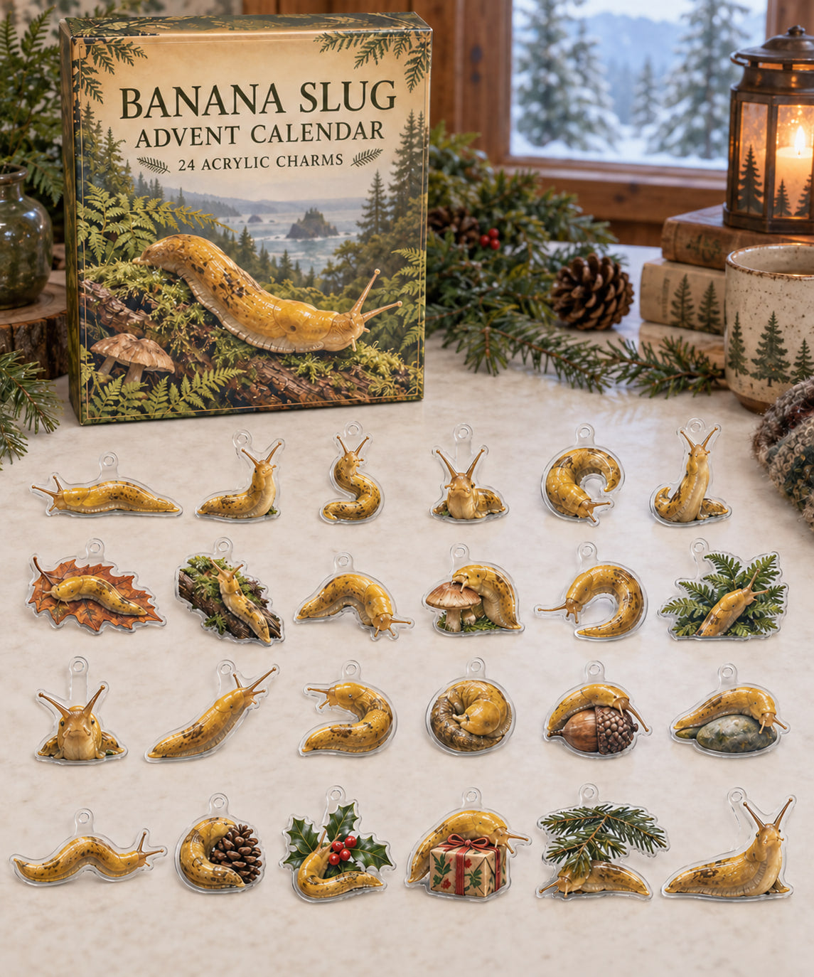 Banana Slug advent calendar with 24 custom-shaped flat acrylic charms and printed dimensional artwork