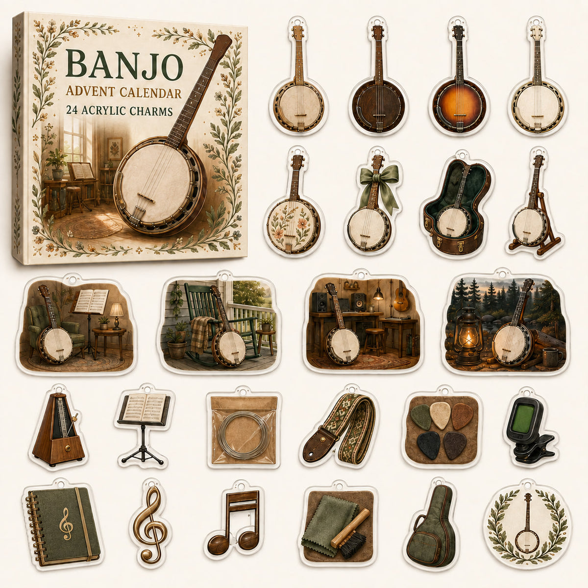 Banjo advent calendar with 24 printed acrylic music charms