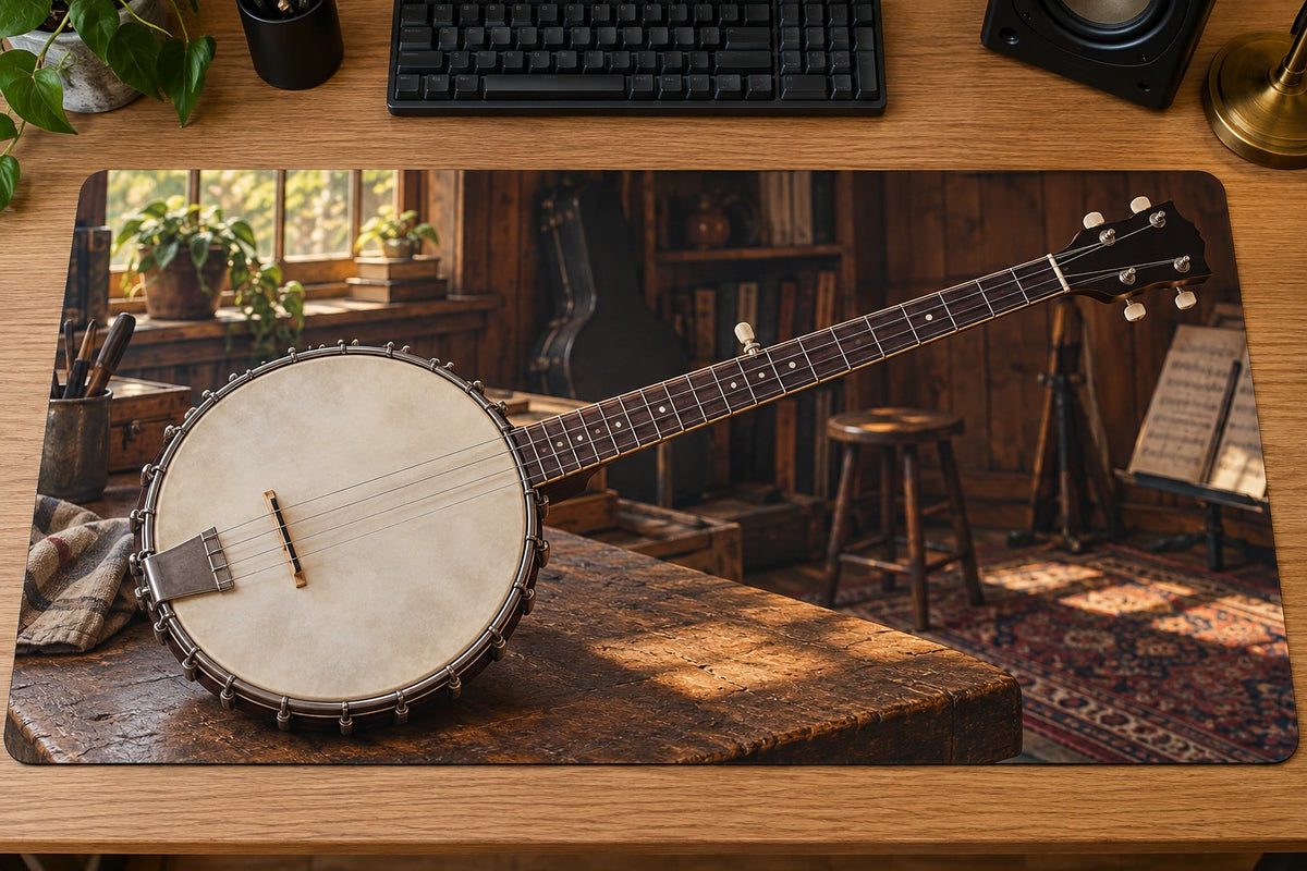 Banjo Timber Music Studio Desk Mat with flat printed five-string instrument and warm room depth.