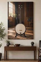 Five-string banjo in timber music studio, flat printed optical-depth canvas.