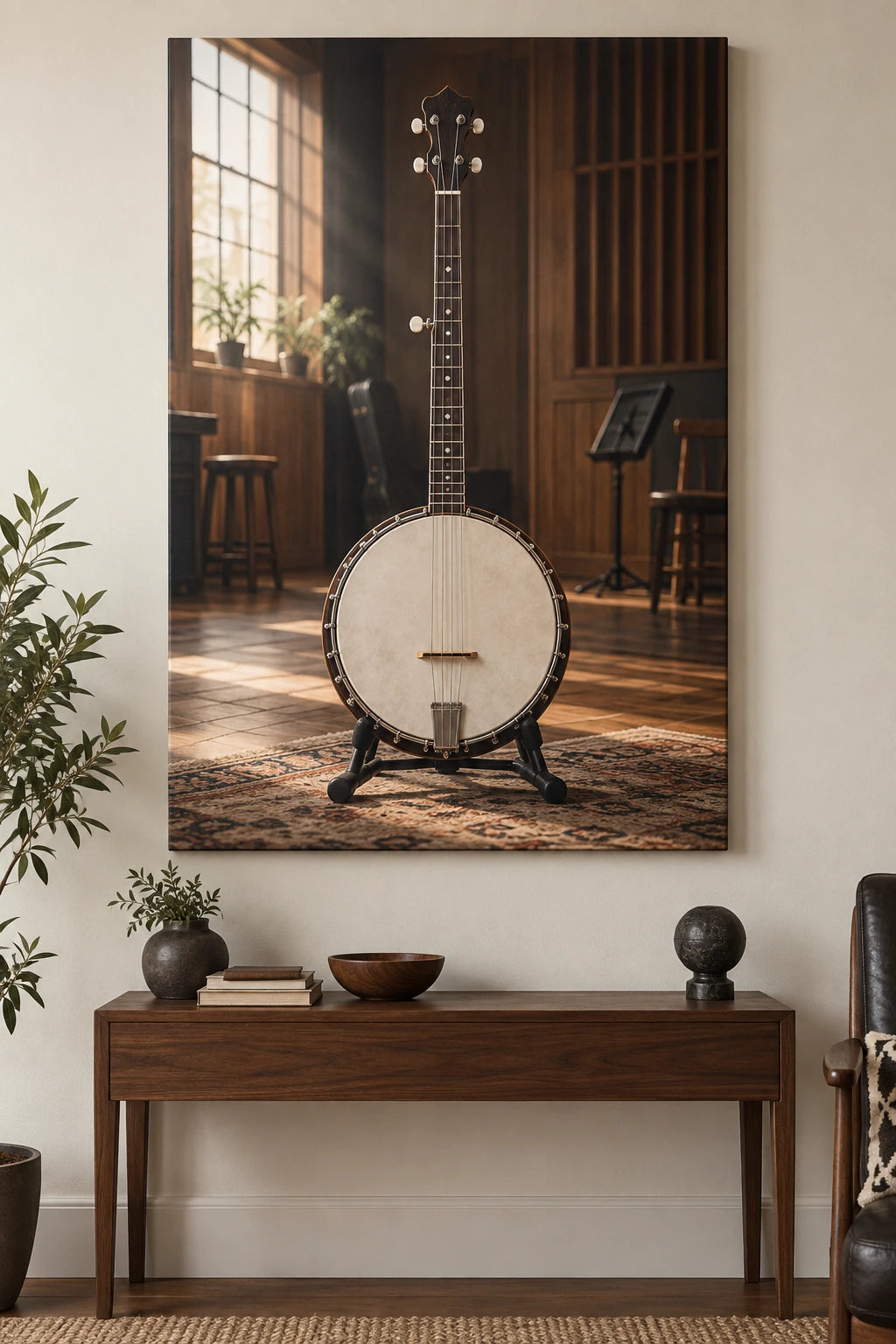 Five-string banjo in timber music studio, flat printed optical-depth canvas.