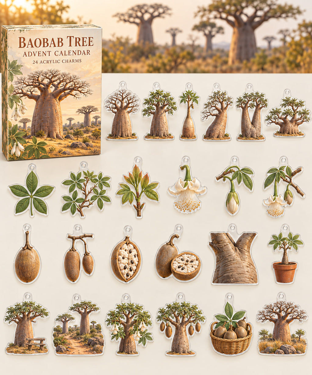 Baobab Tree advent calendar with 24 custom-shaped flat acrylic charms and printed dimensional artwork
