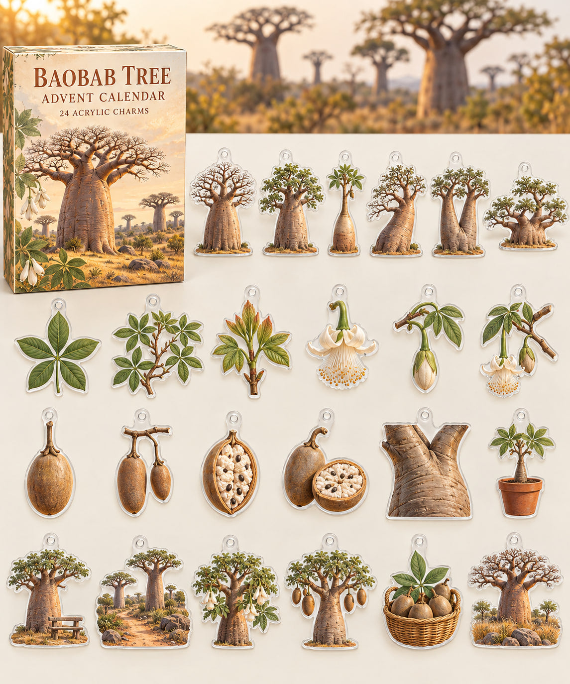 Baobab Tree advent calendar with 24 custom-shaped flat acrylic charms and printed dimensional artwork