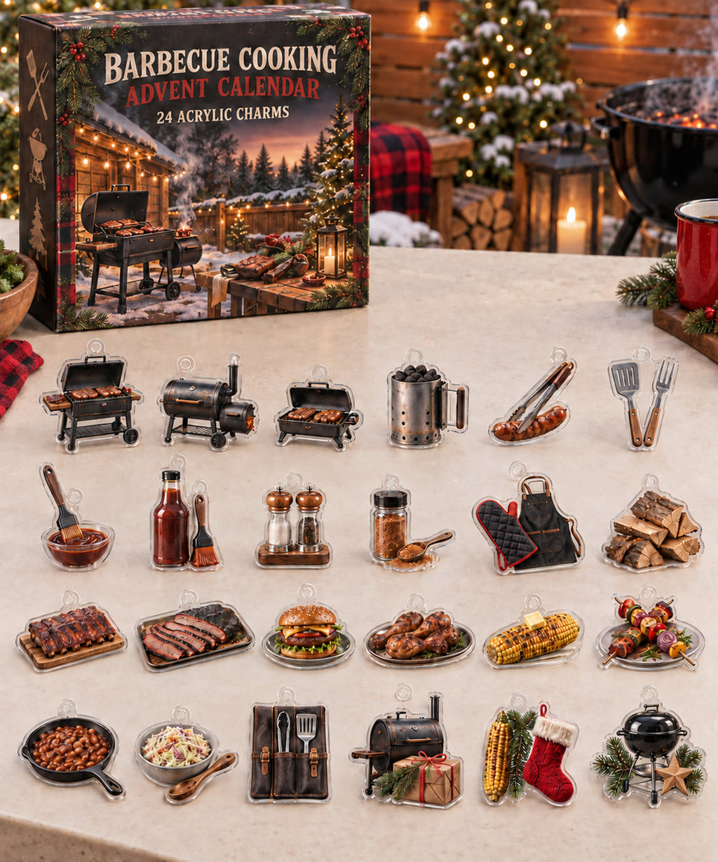 Barbecue Cooking advent calendar with 24 custom-shaped flat acrylic charms and printed dimensional artwork