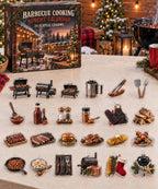 Barbecue Cooking advent calendar with 24 custom-shaped flat acrylic charms and printed dimensional artwork