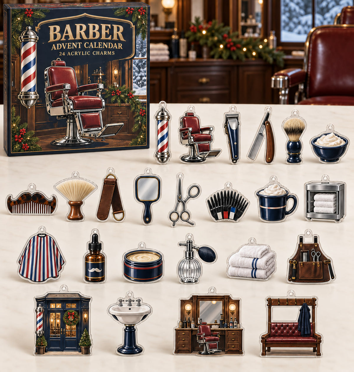 Barber advent calendar with 24 custom-shaped flat acrylic charms featuring printed depth