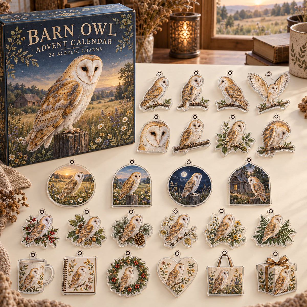 Barn Owl advent calendar box with 24 themed flat printed acrylic charms