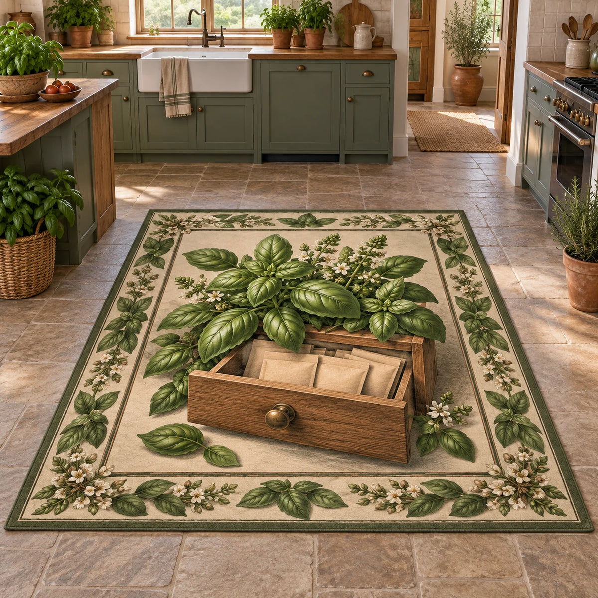 Basil Apothecary Drawer Area Rug showing basil leaves over an open wooden drawer with blank paper packets