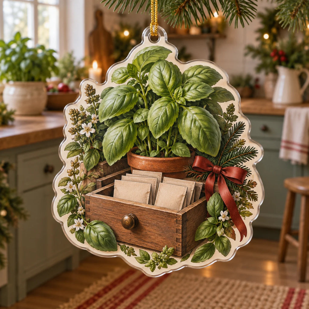 Basil Apothecary Drawer Christmas Ornament showing basil leaves over an open wooden drawer with blank paper packets