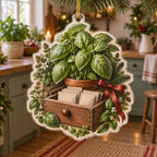 Basil Apothecary Drawer Christmas Ornament showing basil leaves over an open wooden drawer with blank paper packets