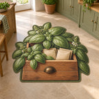 Basil Apothecary Drawer Custom Shape Rug showing basil leaves above a wooden drawer with blank paper packets