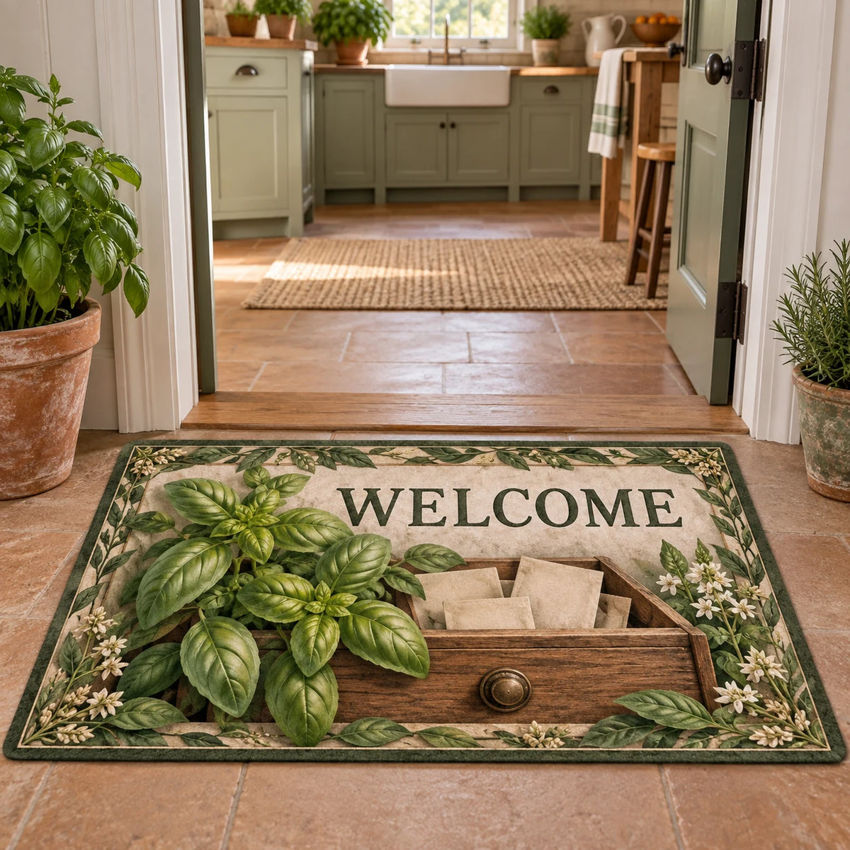 Basil Apothecary Drawer Welcome Doormat showing basil leaves over an open wooden drawer with blank paper packets