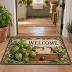 Basil Apothecary Drawer Welcome Doormat showing basil leaves over an open wooden drawer with blank paper packets