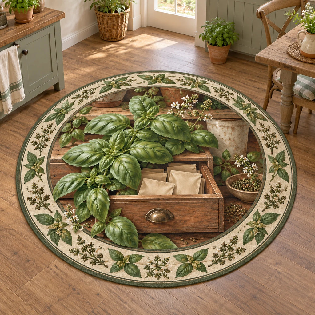 Basil Apothecary Drawer Round Mat Rug showing basil leaves over an open wooden drawer with blank paper packets