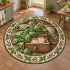Basil Apothecary Drawer Round Mat Rug showing basil leaves over an open wooden drawer with blank paper packets