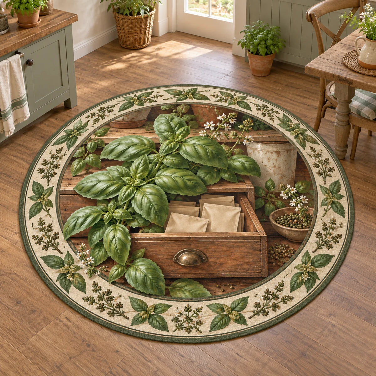 Basil Apothecary Drawer Round Mat Rug showing basil leaves over an open wooden drawer with blank paper packets