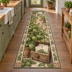 Basil Apothecary Drawer Runner Rug showing basil leaves over an open wooden drawer with blank paper packets