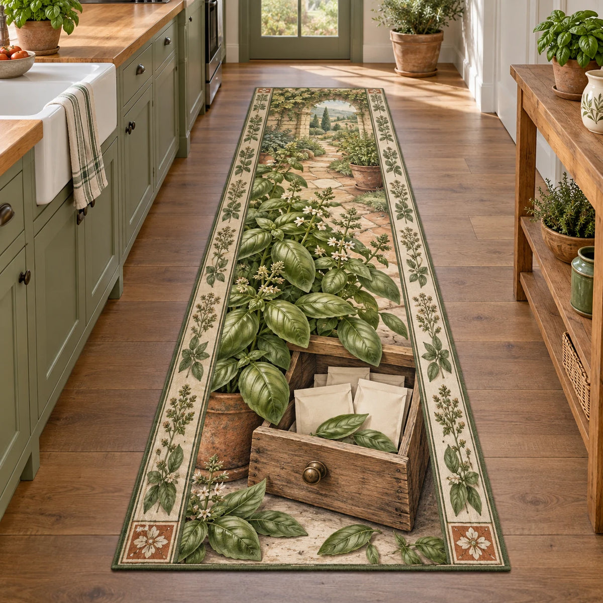 Basil Apothecary Drawer Runner Rug showing basil leaves over an open wooden drawer with blank paper packets