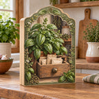 Basil Apothecary Drawer Wooden Block - 3 Layer Decor showing basil leaves above a wooden drawer with blank paper packets