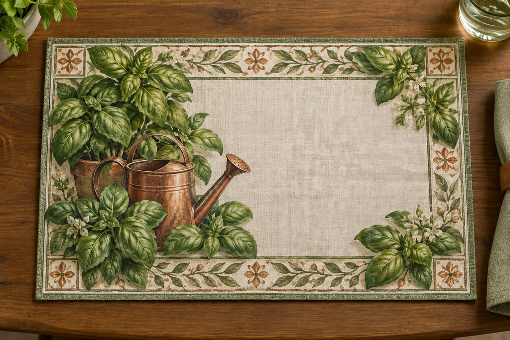 Basil Copper Watering Can Placemat with printed dimensional artwork
