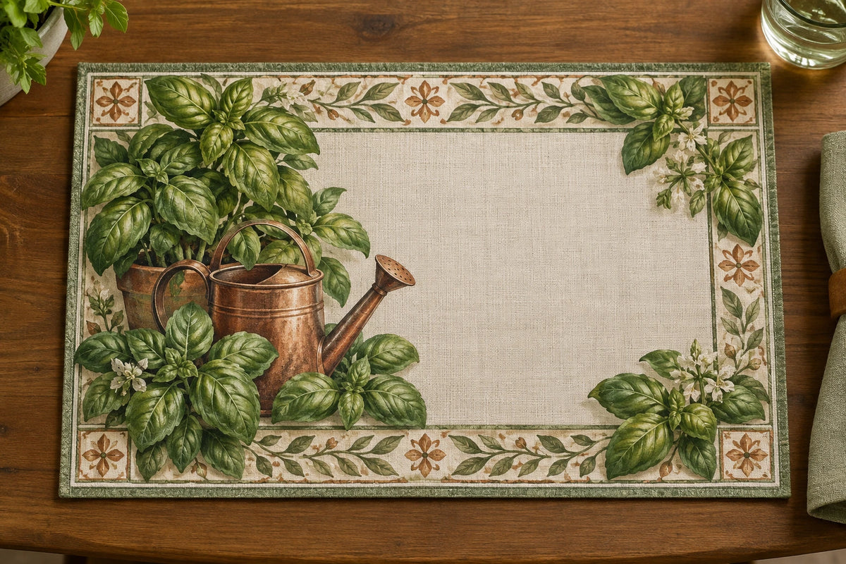 Basil Copper Watering Can Placemat with printed dimensional artwork