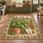 Basil Garden Labels Area Rug with a basil plant, blank garden-marker motifs and coordinated herb border