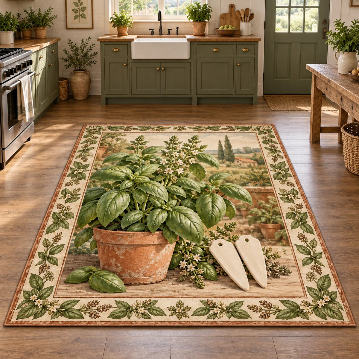 Basil Garden Labels Area Rug with a basil plant, blank garden-marker motifs and coordinated herb border