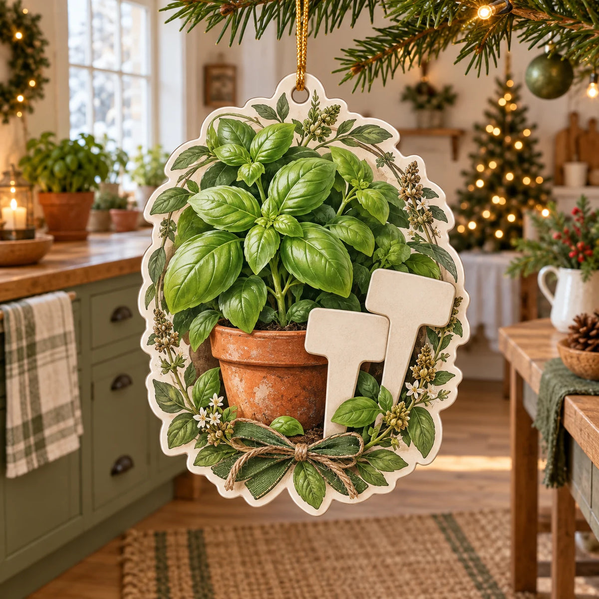 Basil Garden Labels Christmas Ornament with a basil plant, blank garden-marker motifs and coordinated herb border