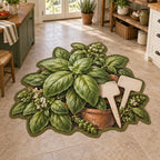 Basil Garden Labels Custom Shape Area Rug with a basil plant, blank garden-marker motifs and coordinated herb border