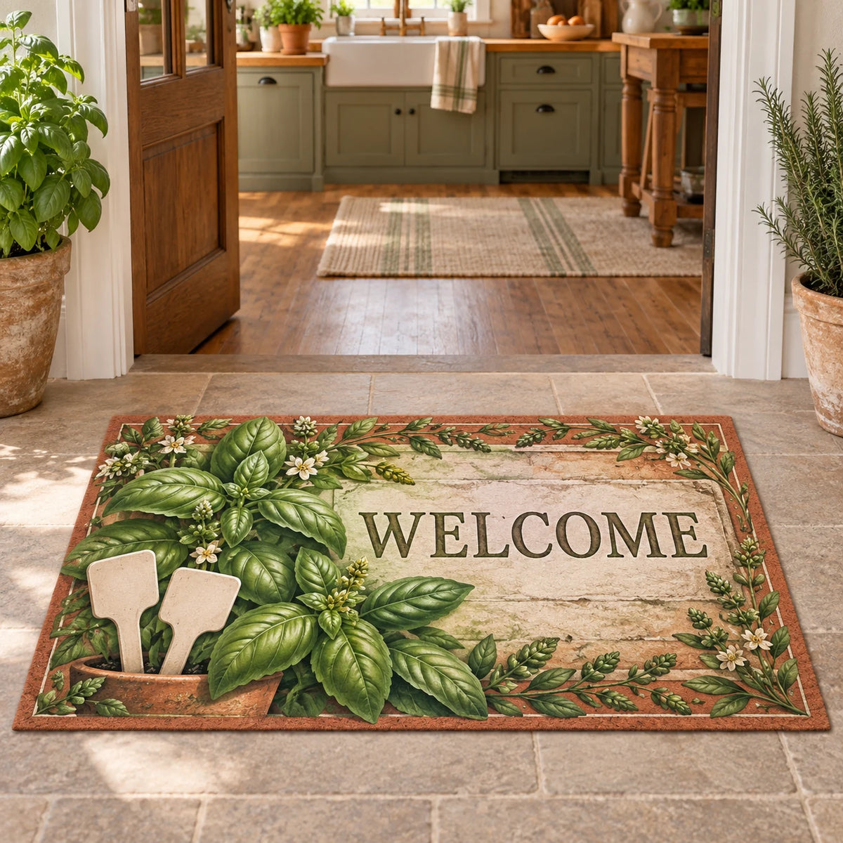 Basil Garden Labels Doormat with a basil plant, blank garden-marker motifs and coordinated herb border