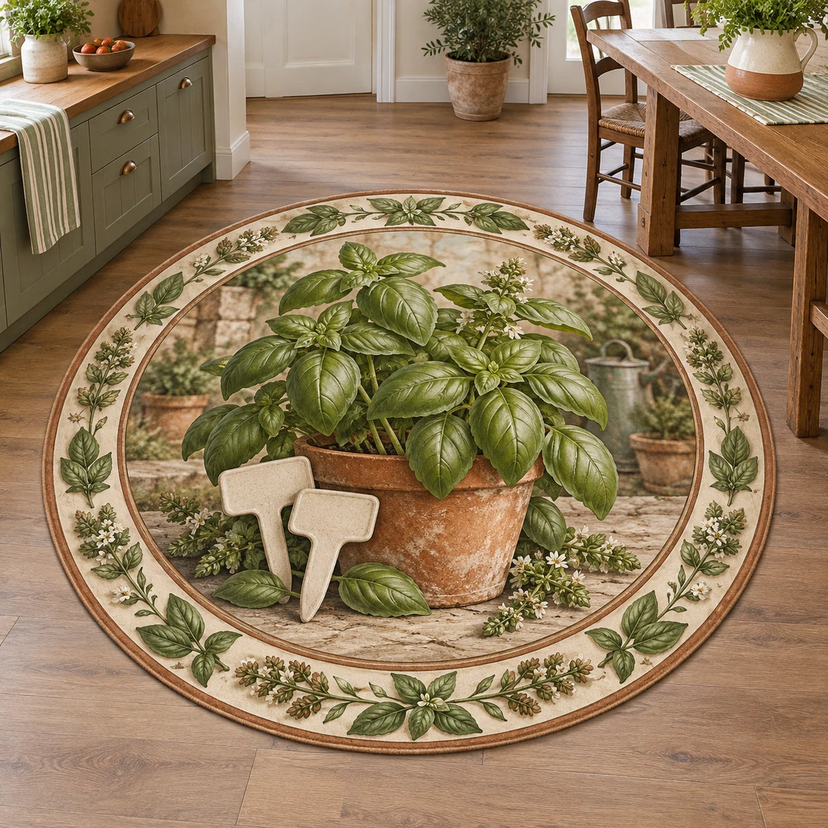 Basil Garden Labels Round Mat Rug with a basil plant, blank garden-marker motifs and coordinated herb border