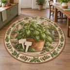 Basil Garden Labels Round Mat Rug with a basil plant, blank garden-marker motifs and coordinated herb border