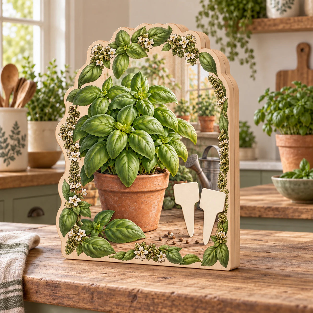 Basil Garden Labels Wooden Block 3 Layer with a printed basil pot, blank markers and herb frame