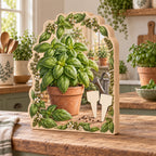 Basil Garden Labels Wooden Block 3 Layer with a printed basil pot, blank markers and herb frame