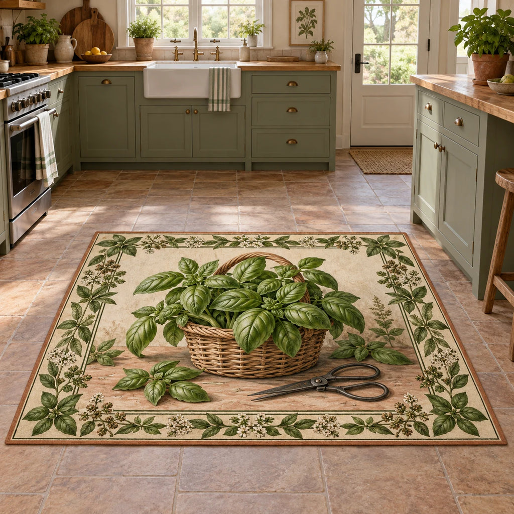 Basil Harvest Basket Area Rug with dimensional printed artwork in a matching indoor setting