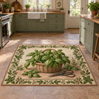 Basil Harvest Basket Area Rug with dimensional printed artwork in a matching indoor setting