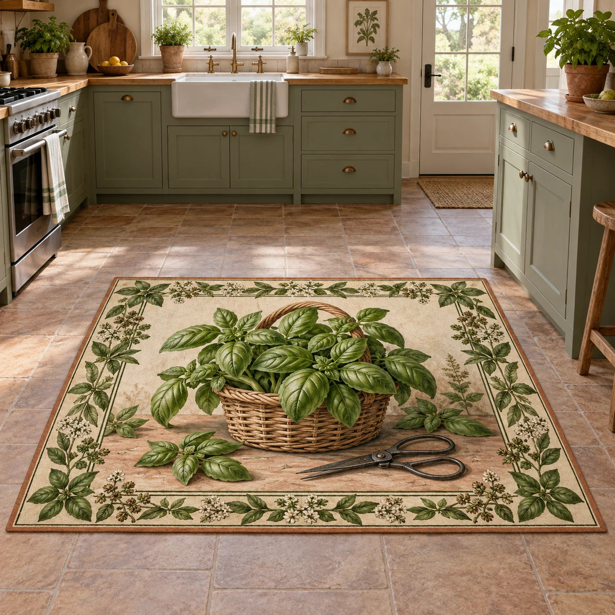Basil Harvest Basket Area Rug with dimensional printed artwork in a matching indoor setting