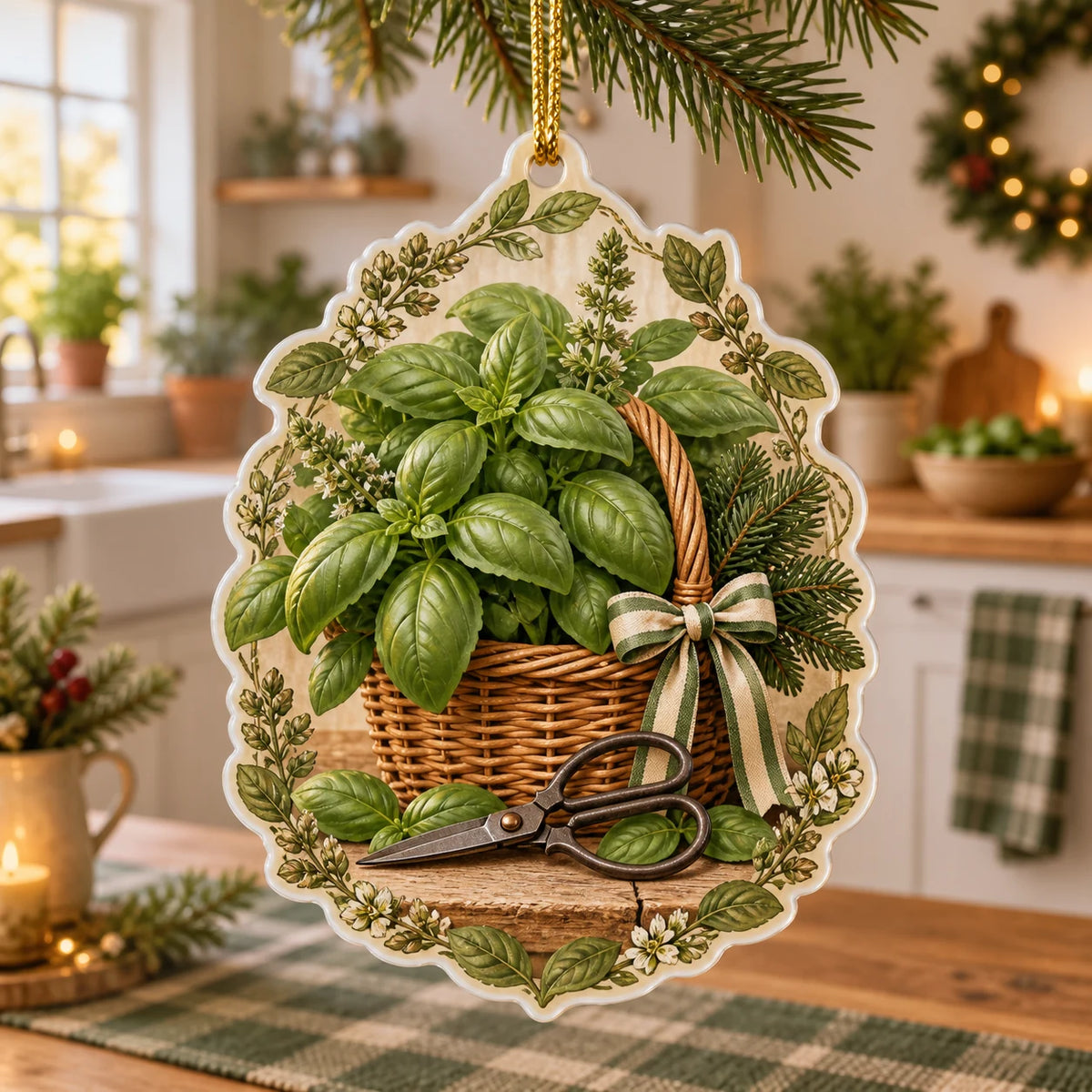 Basil Harvest Basket Christmas Ornament with dimensional printed artwork in a matching indoor setting