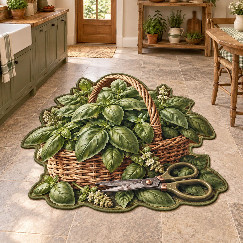 Basil Harvest Basket Custom Shape Area Rug with dimensional printed artwork in a matching indoor setting
