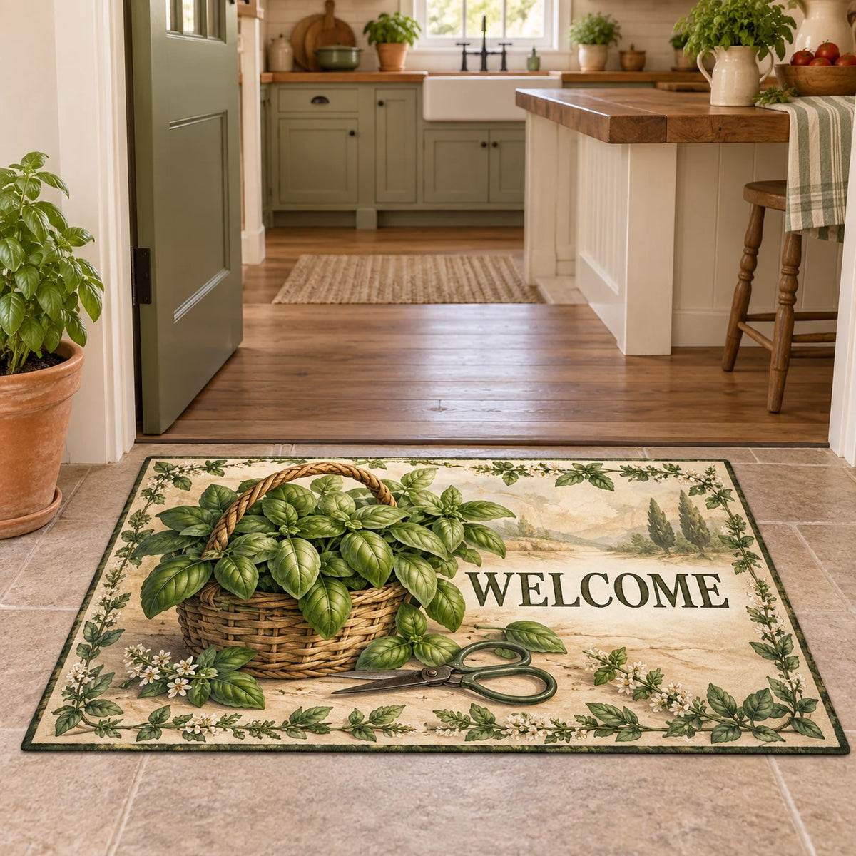 Basil Harvest Basket Doormat with dimensional printed artwork in a matching indoor setting