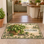 Basil Harvest Basket Doormat with dimensional printed artwork in a matching indoor setting