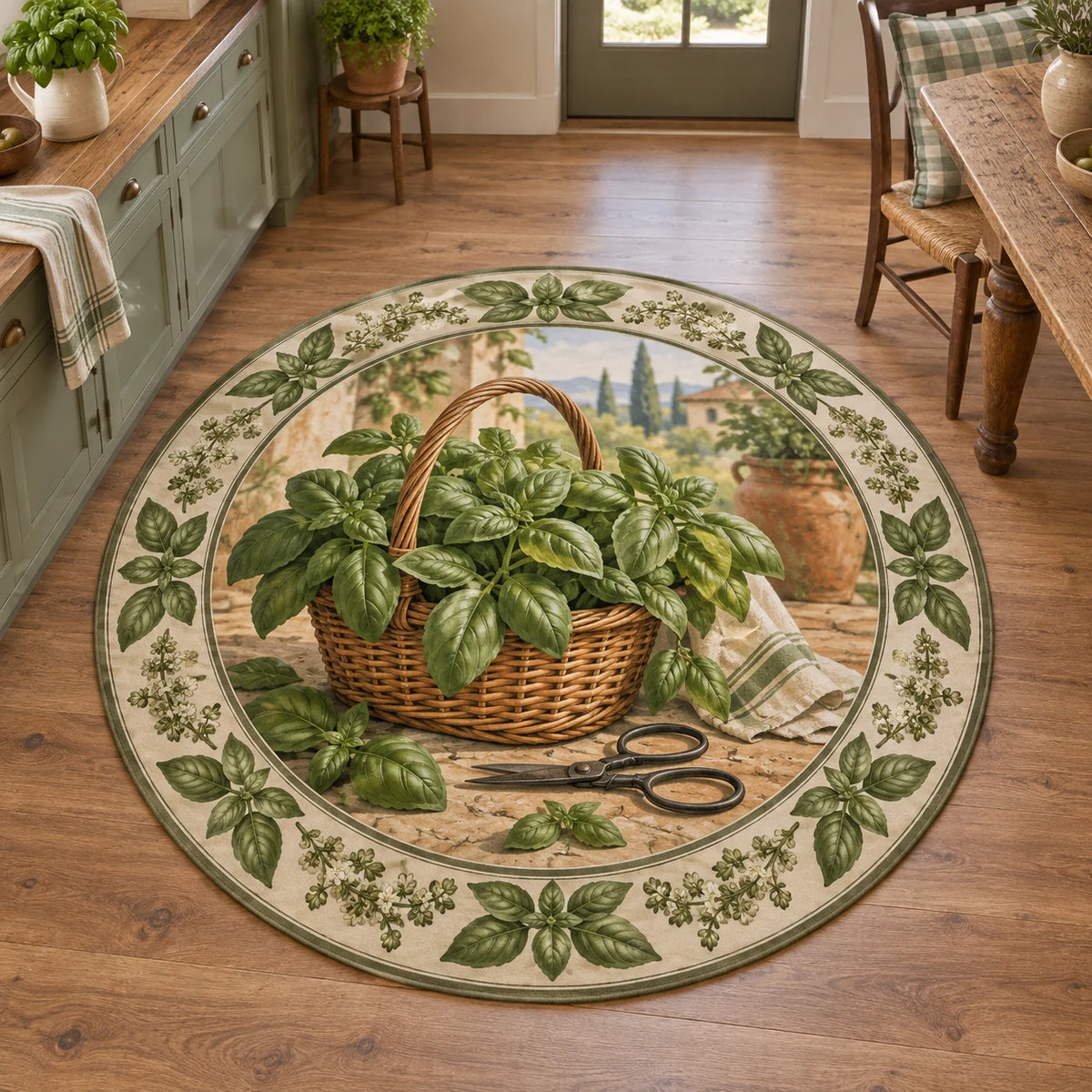 Basil Harvest Basket Round Mat Rug with dimensional printed artwork in a matching indoor setting