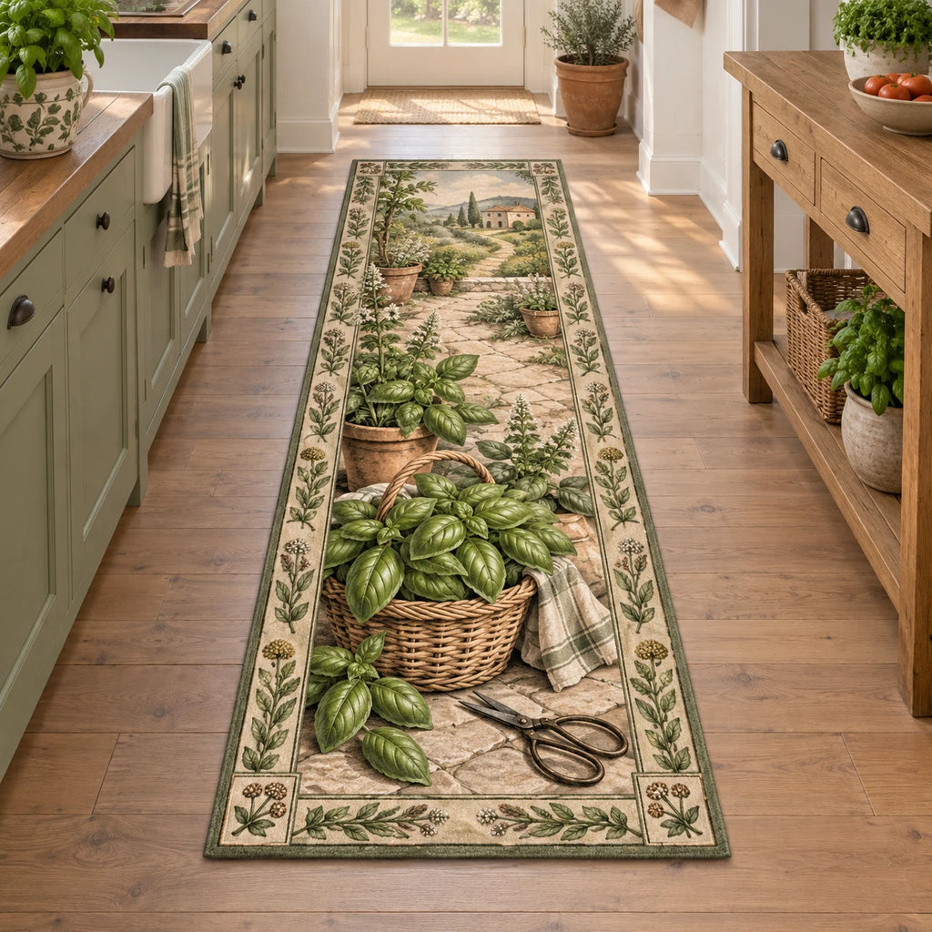 Basil Harvest Basket Runner Rug with dimensional printed artwork in a matching indoor setting
