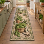 Basil Harvest Basket Runner Rug with dimensional printed artwork in a matching indoor setting