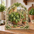Basil Harvest Basket Wooden Block with dimensional printed artwork in a matching indoor setting