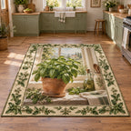 Basil Kitchen Window Area Rug with dimensional printed botanical artwork in a matching interior