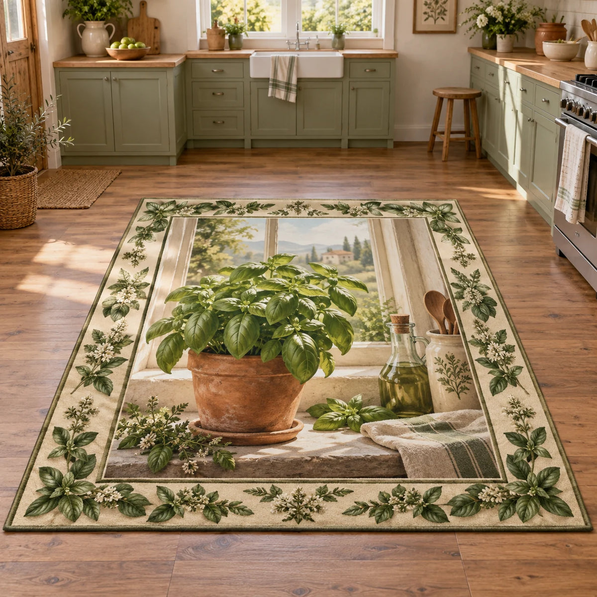 Basil Kitchen Window Area Rug with dimensional printed botanical artwork in a matching interior