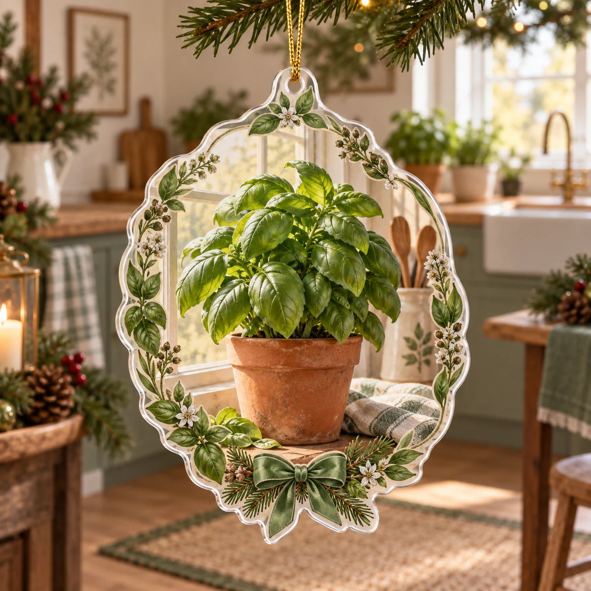 Basil Kitchen Window Christmas Ornament with dimensional printed artwork in a coordinated farmhouse setting