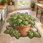 Basil Kitchen Custom Shape Rug with dimensional printed artwork in a coordinated farmhouse setting